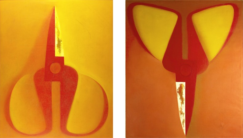 （左）毛旭辉，《红色剪刀》，布面油画，200×160cm，1998年 （右）毛旭辉，《倒立的红色剪刀》，布面油画，200×170cm，2003年.jpg