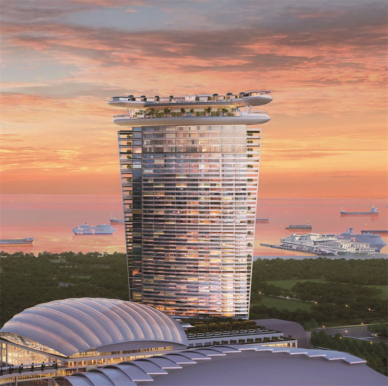 The soaring new hotel tower and arena by Las Vegas Sands set against the horizon_credit to Safdie Architects..jpg