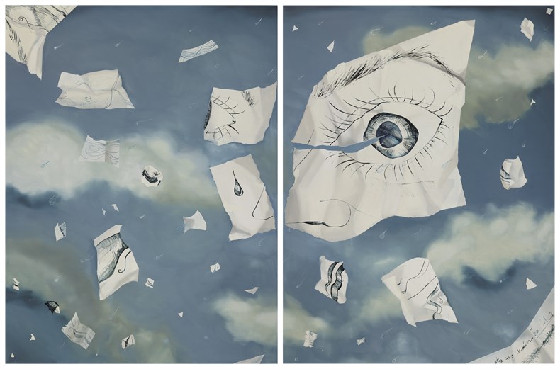 卡罗利娜·雅布隆斯卡，《飞舞的素描》，布面油画，双联，每件250 x 190 cm，整体250 x 380 cm，2025年.jpg